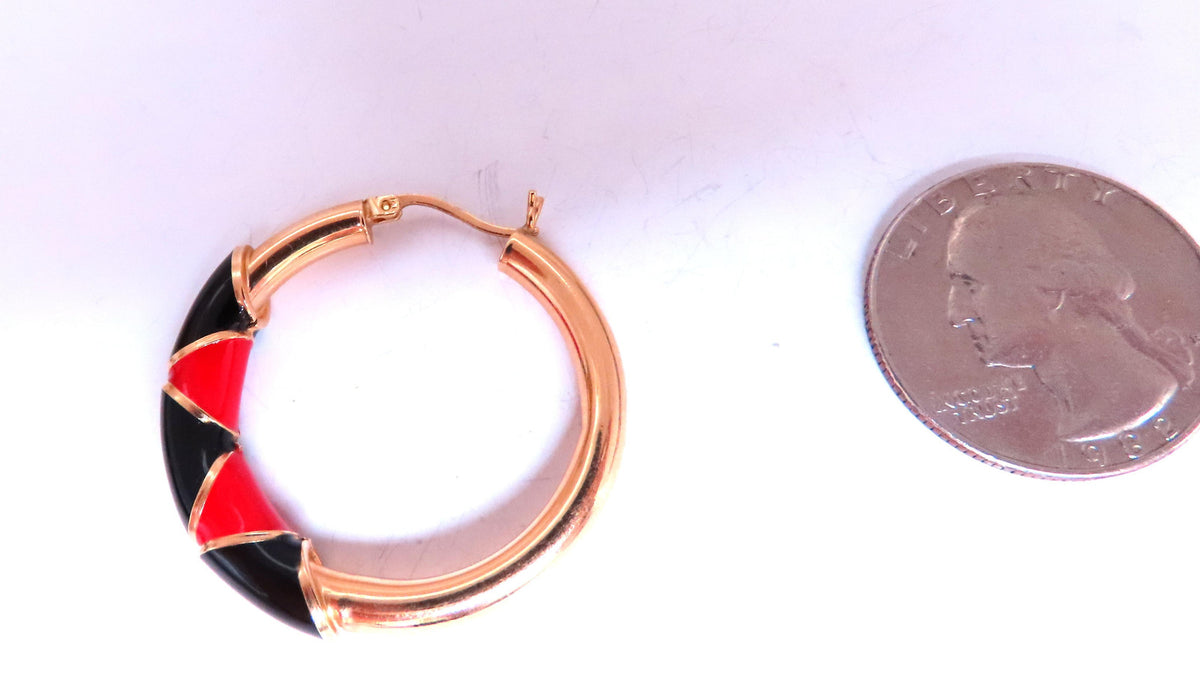 Red Black Enamel Tubular Hoop Earrings 14kt yellow gold 45477 *v