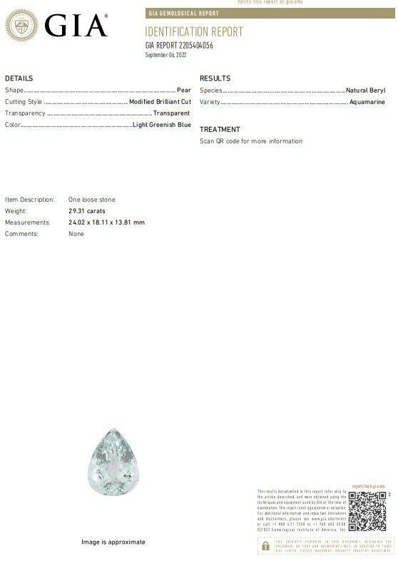 GIA Certified 29.31ct Natural Pear Shaped Aquamarine Diamonds Ring 14kt 12399