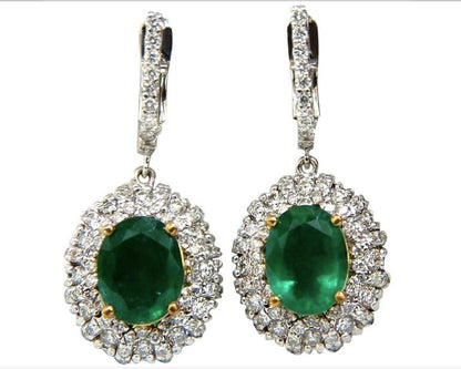 4.84ct Natural Green Emerald Diamond Cluster Earrings Dangle 14K 14542 *v