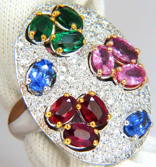 7.26CT NATURAL SAPPHIRE EMERALD RUBY DIAMONDS SECTIONAL COCKTAIL RING 18KT