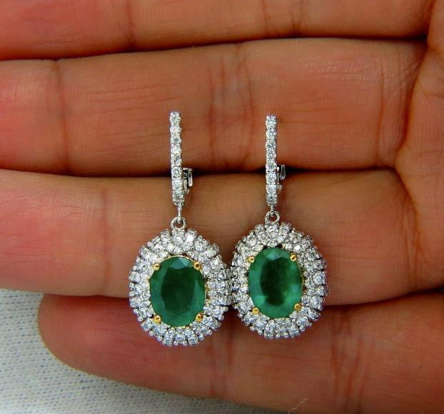 4.84ct Natural Green Emerald Diamond Cluster Earrings Dangle 14K 14542 *v