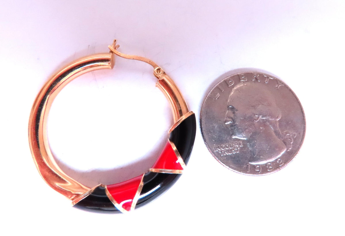 Red Black Enamel Tubular Hoop Earrings 14kt yellow gold 45477 *v