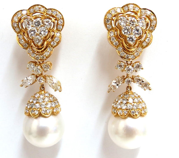 15.6mm Natural South Sea Pearls 7.50ct Diamonds Dangle Earrings 18kt
