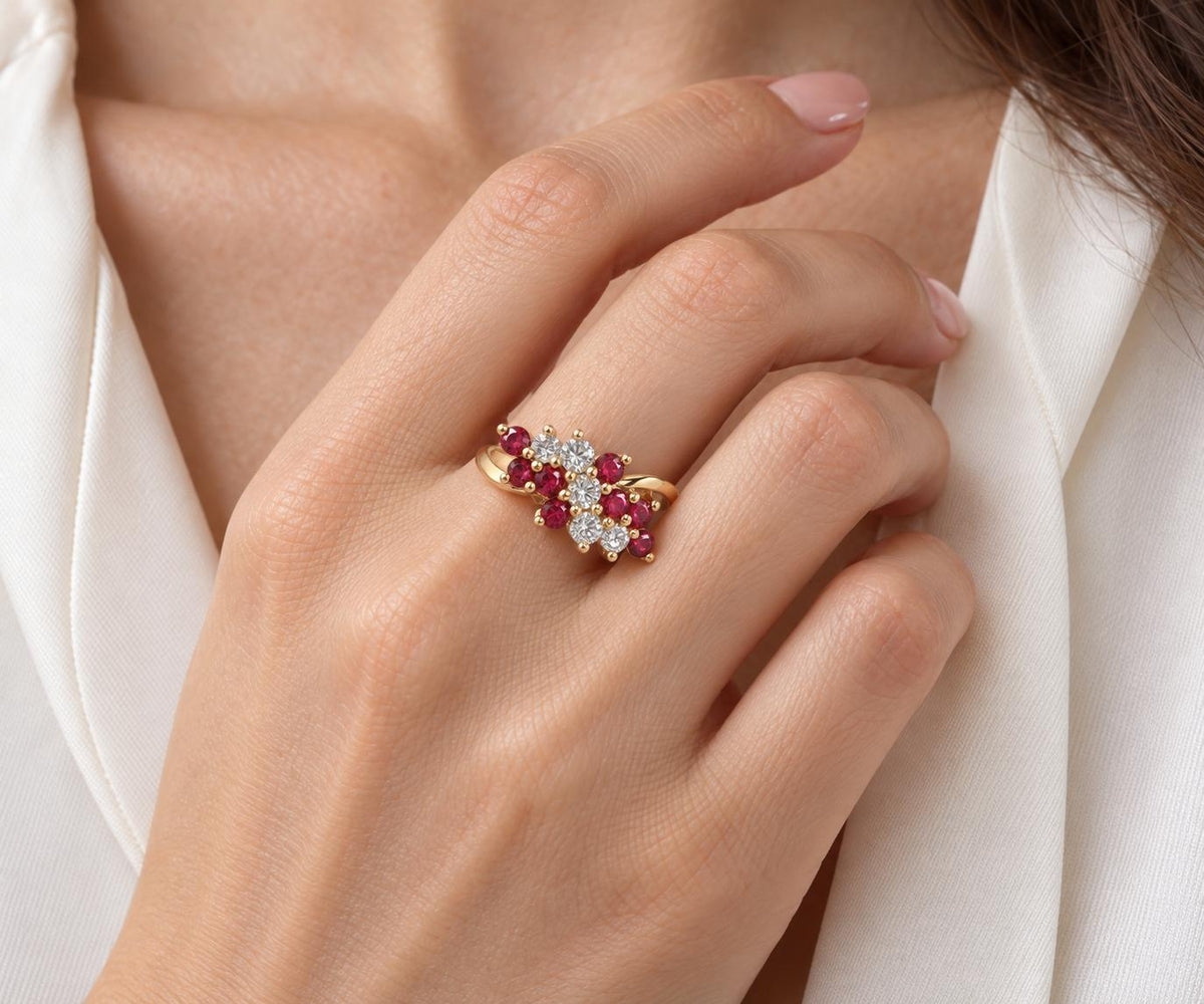 0.50ct Natural Ruby & Diamond Cluster Ring 14K Yellow Gold 95586