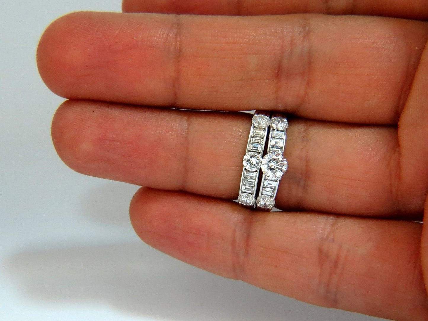 1.50CT NATURAL DIAMONDS BAGUETTE & ROUNDS MATCHING ENGAGEMENT + BAND RING