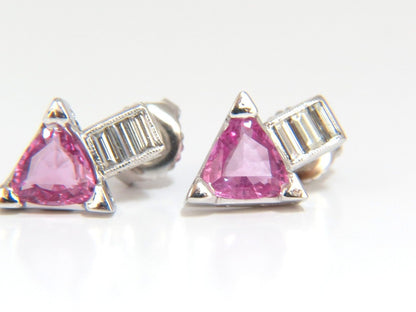 1.90ct natural vivid pink trilliant sapphire diamonds stud earrings 14kt