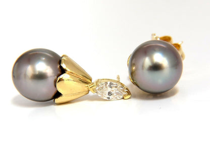 10mm natural tahitian pearl & .80ct diamonds drop cap earrings 14kt.