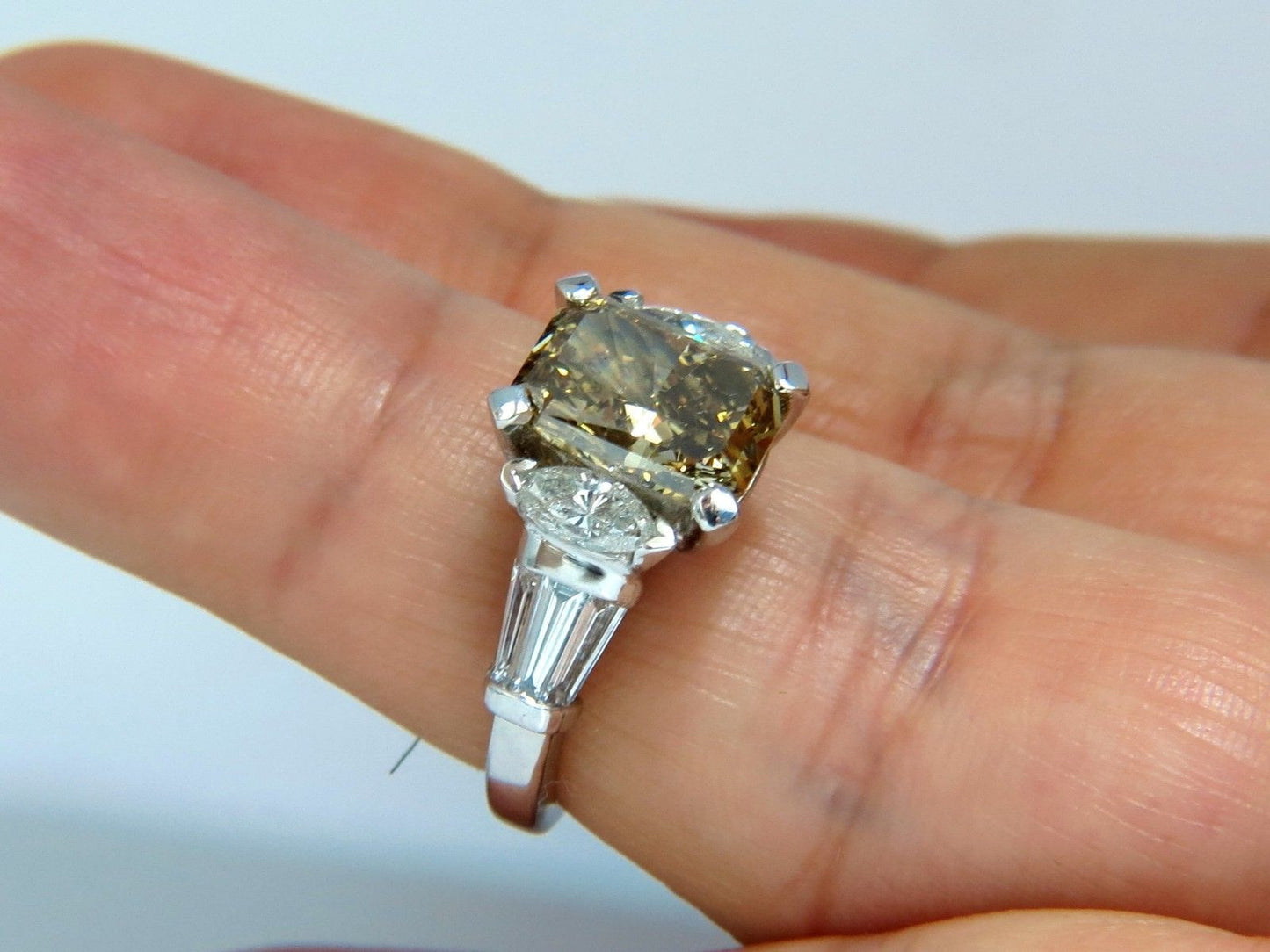 GIA 4.12ct. radiant fancy brown green yellow diamonds platinum ring