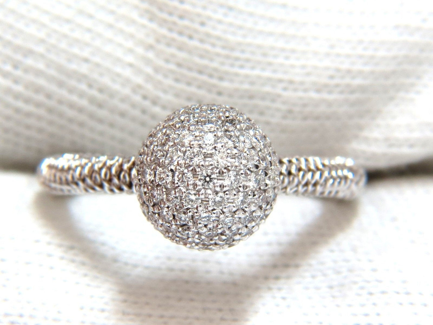 .76ct diamonds bead set ball ring 18kt + coil wire wrapped shank g/vs