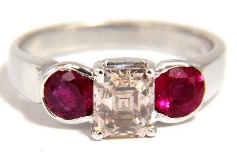 2.46CT Natural fancy color light brown diamond ruby ring 18kt. Three Stone