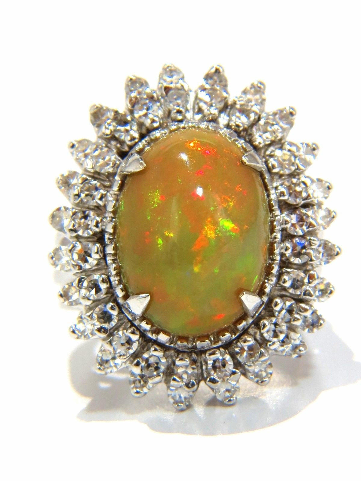 GIA 7.17ct natural cabochon opal diamonds sunburst cocktail ring 14kt. a+ colors