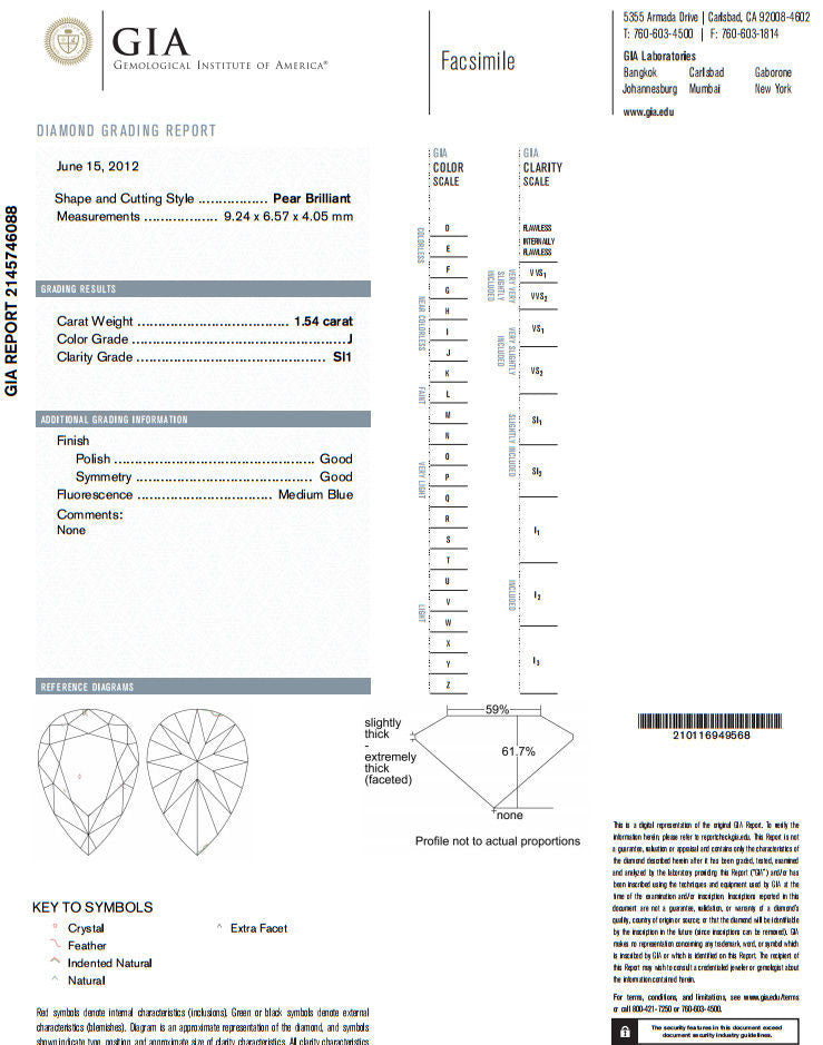 GIA 2.00ct. Pear Brilliant diamond ring I / Si-1 Solitaire Class Platinum