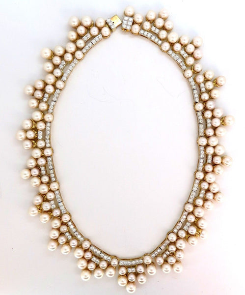 10.00ct NATURAL DIAMONDS & AKOYA PEARLS 18kt NECKLACE OPERA RIVIERA DECO