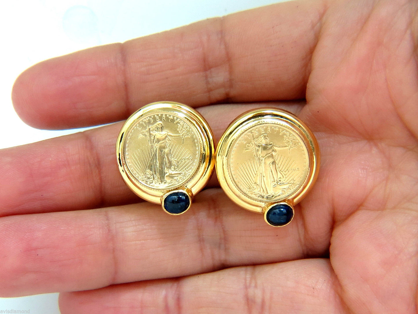 1996 AMERICAN LIBERTY FINE GOLD COIN SAPPHIRE EARRINGS CLASSIC OMEGA