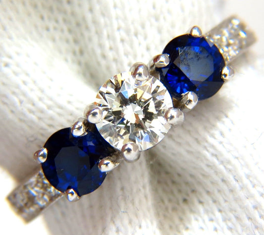 1.85ct NATURAL BLUE SAPPHIRE DIAMONDS RING 14KT CLASSIC THREE BEAD SET