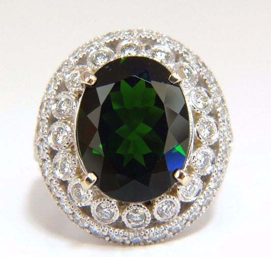 GIA 6.71CT NATURAL BRIGHT VIVID GREEN DIOPSIDE HALO CLUSTER DIAMONDS RING 14KT