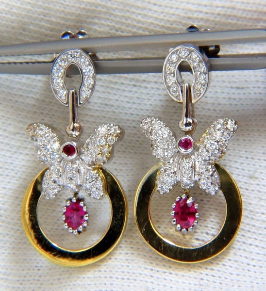 1.70CT NATURAL OVAL BRIGHT RED RUBY DIAMOND DANGLE BUTTERFLY EARRINGS 14KT