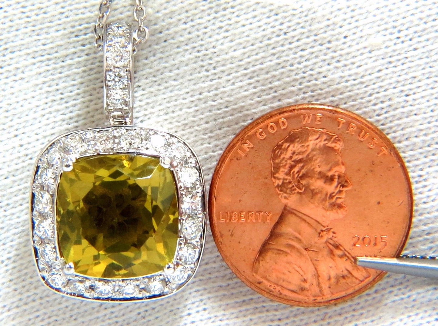 5.85ct natural cushion brilliant yellow quartz diamond pendant square halo 18''