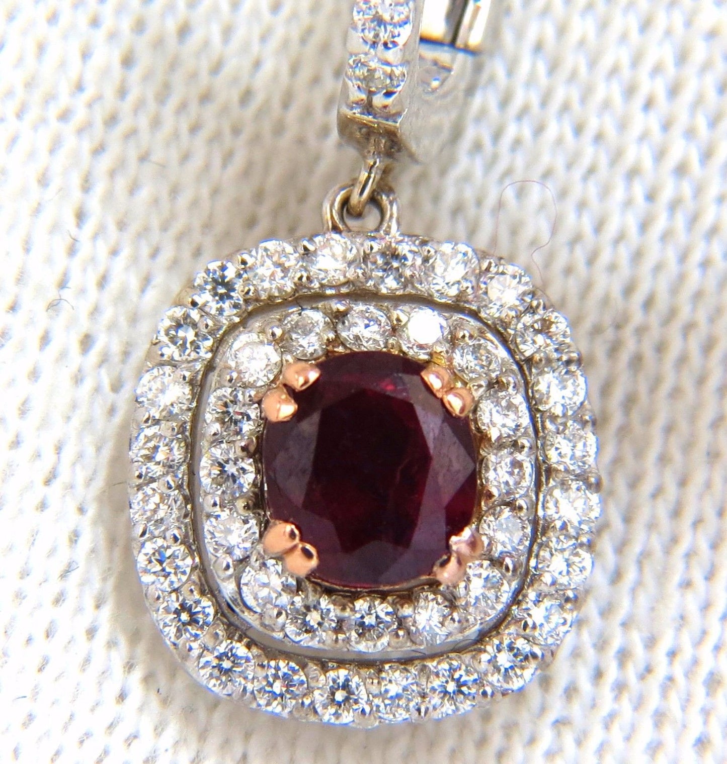2.70ct natural deep red ruby diamond double halo dangle earrings 14kt.