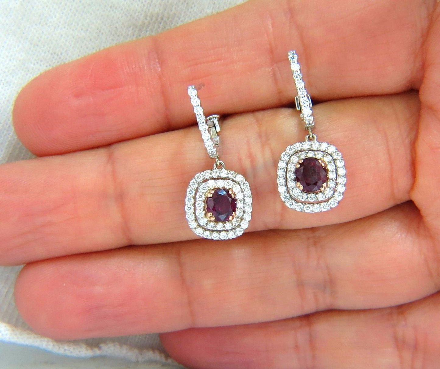 2.70ct natural deep red ruby diamond double halo dangle earrings 14kt.
