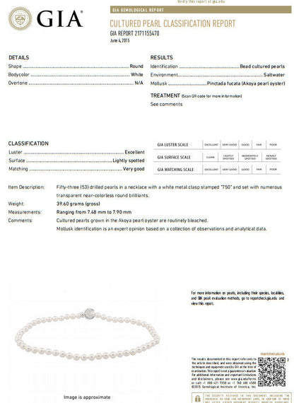 GIA Certified 53 Natural Akoya Pearls Necklace Saltwater Pintada Fucata 18kt