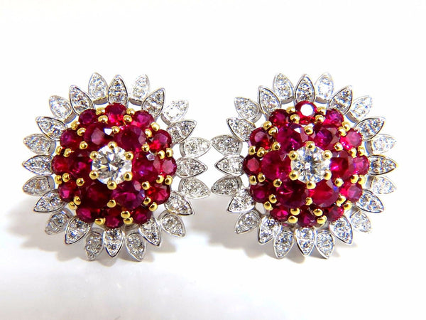 6.26ct natural vivid red ruby diamond domed cluster clip earrings 18kt.