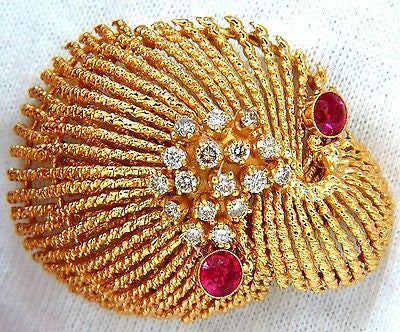 14KT VINTAGE 1.25CT DIAMOND 3D MOLLUSK SEA SHELL BROOCH PIN BARLEY TWIST