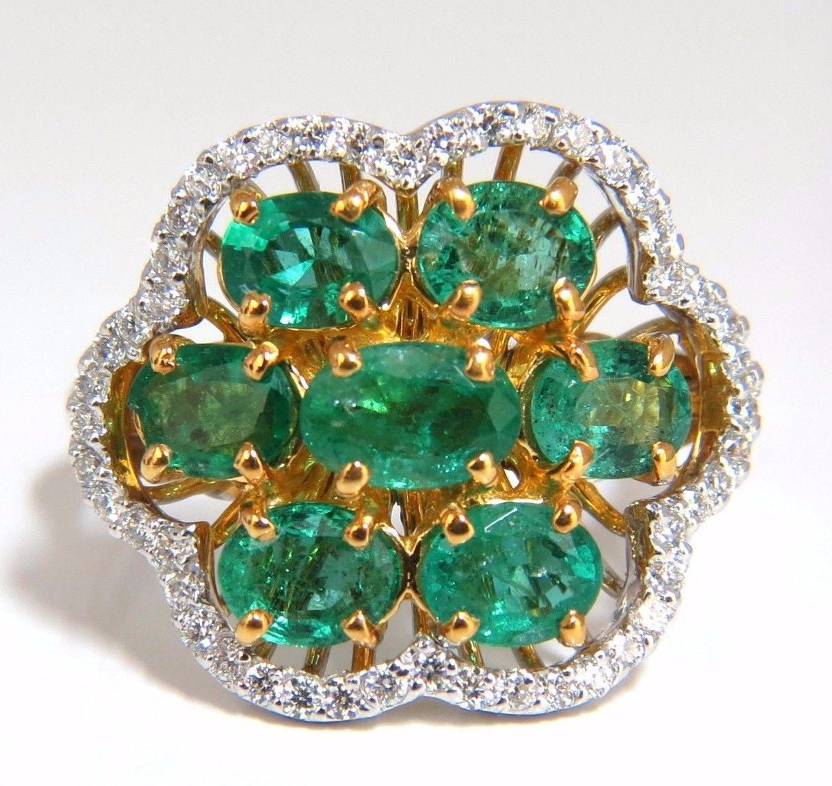 3.02ct Natural oval Emeralds diamond cocktail cluster ring 14kt G/Vs