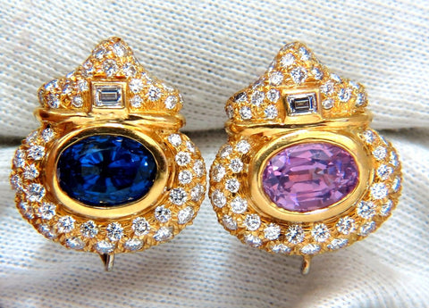 AGL Certified 10.75ct natural pink & blue sapphire diamond earrings 18kt