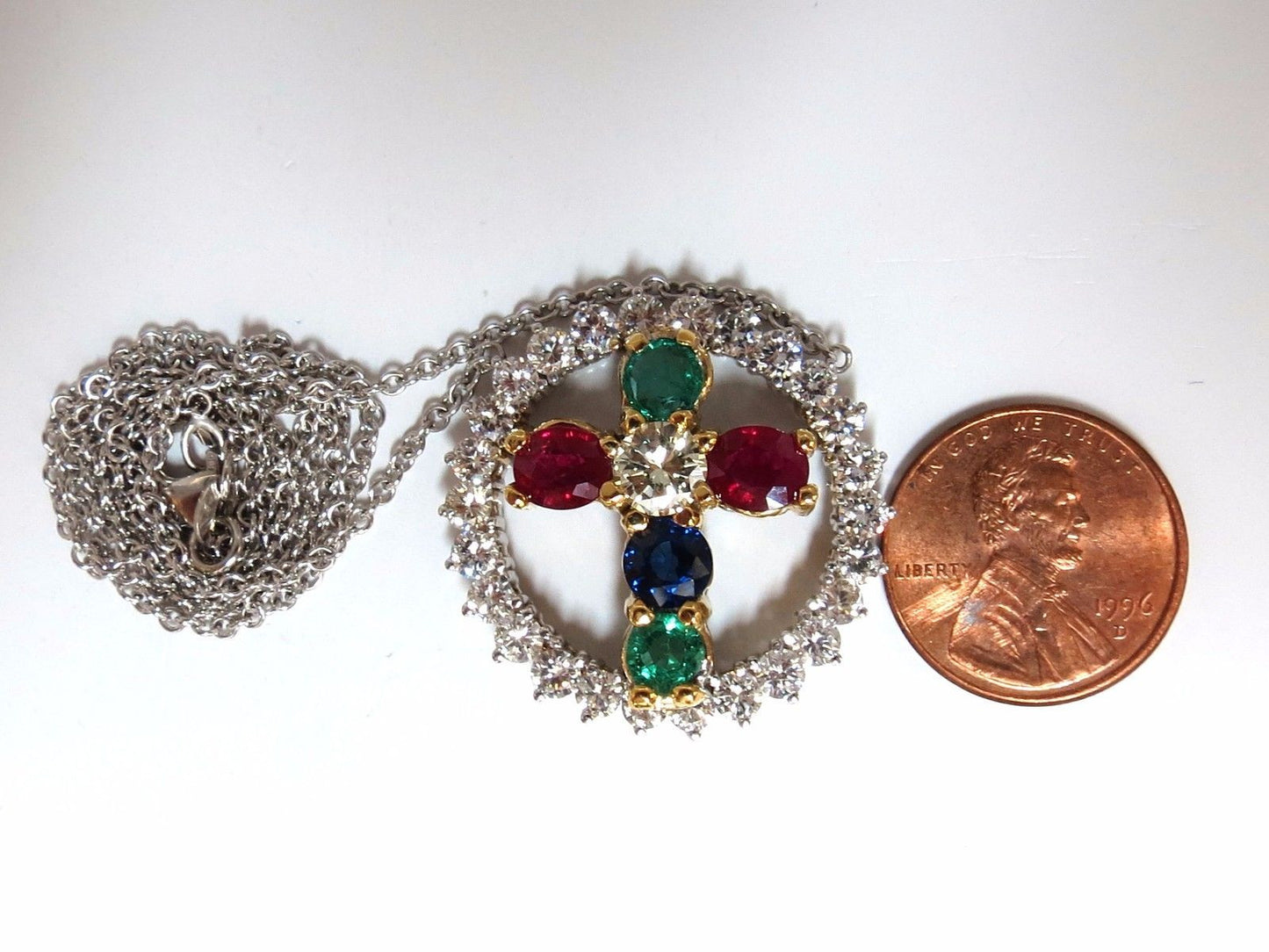 6.65ct natural ruby emerald sapphire diamonds cross 14kt.