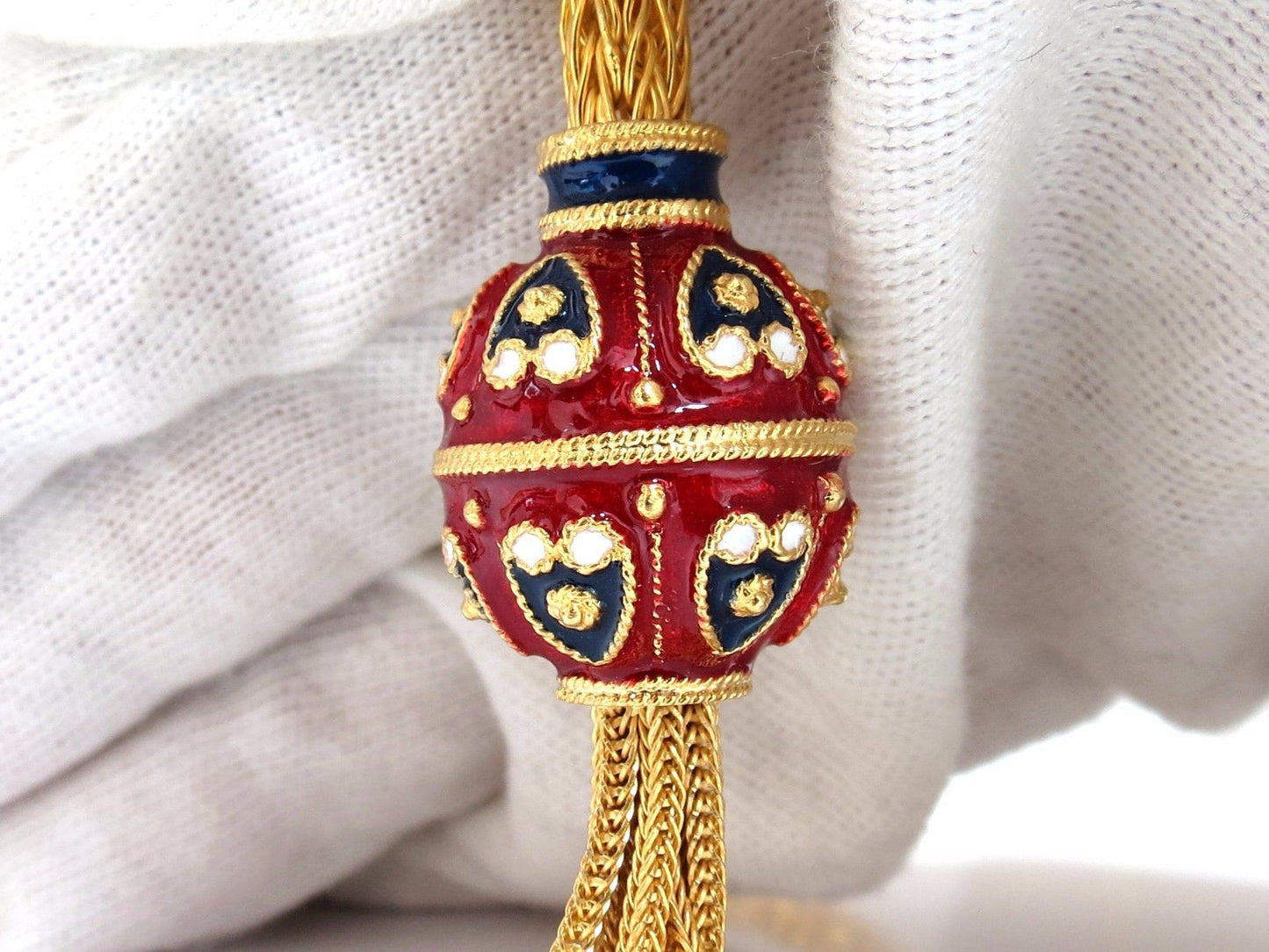18kt Sailor's Knot Enameled Weave Necklace Long Bolo Tassel Deco 132 grams