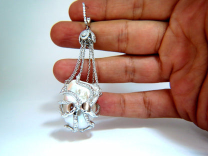 GIA Certified 30mm Baroque Pearls Catseye Ocotopus diamond dangle earrings