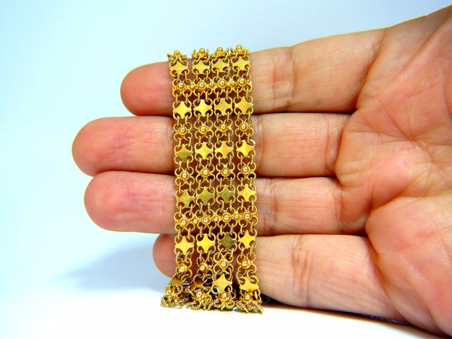 18kt. yellow gold vintage wide caliber bracelet mesh Hinged linked beads 7.50