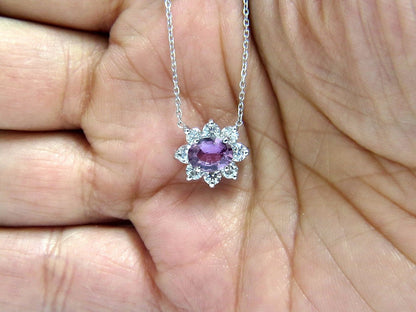 2.06ct natural purple pink sapphire cluster diamond necklace 14kt