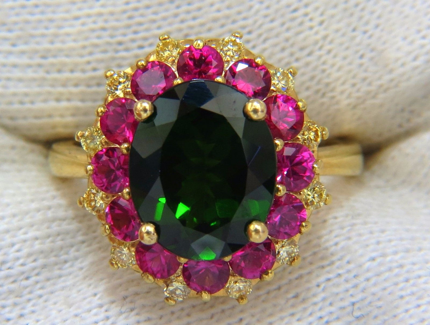 5.30ct Natural Deep Green Diopside Fancy Yellow diamonds Ruby Ring Cocktail Halo