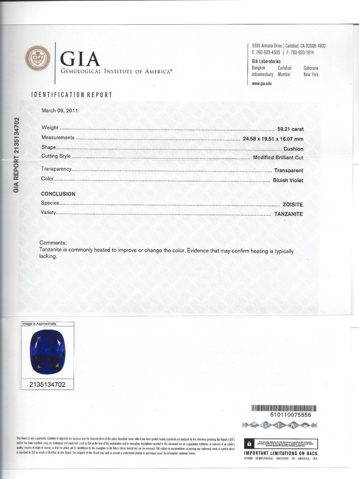 GIA Certified 58.21ct Natural Blue Cushion Cut Tanzanite Magnificent