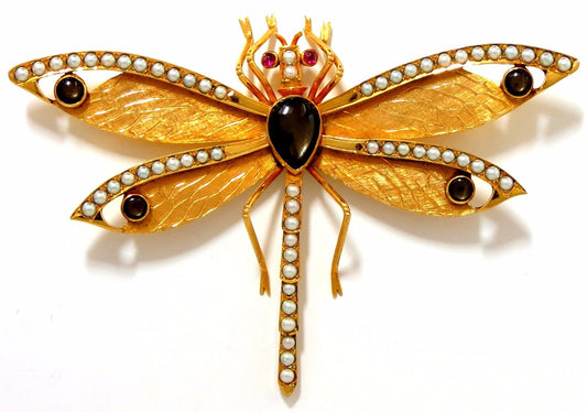 Dragonfly Important Art Deco 18kt natural pearls Blackstar brooch pin