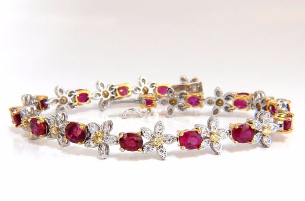 7.27ct Red natural ruby diamonds flower cluster tennis bracelet 18kt