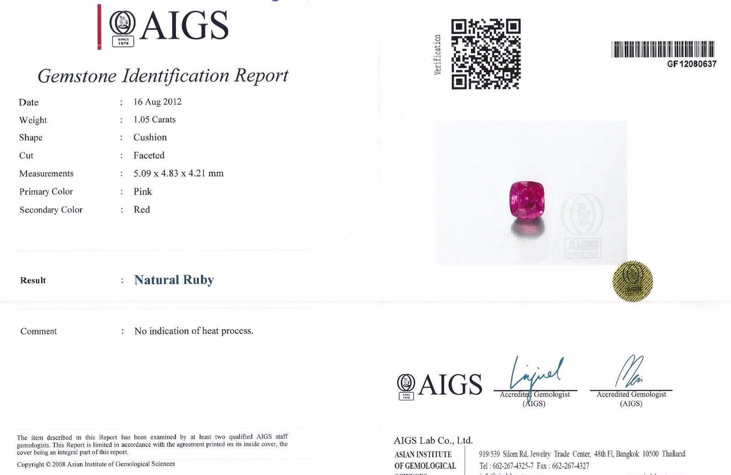 AIGS Certified 1.45ct natural no heat pink red ruby diamond ring 18kt unheated