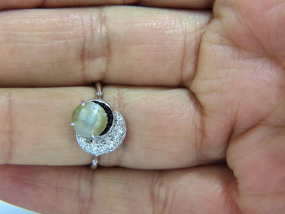 1.85ct natural cabochon chrysoberyl cats eye diamonds ring 14kt Vintage Crescent