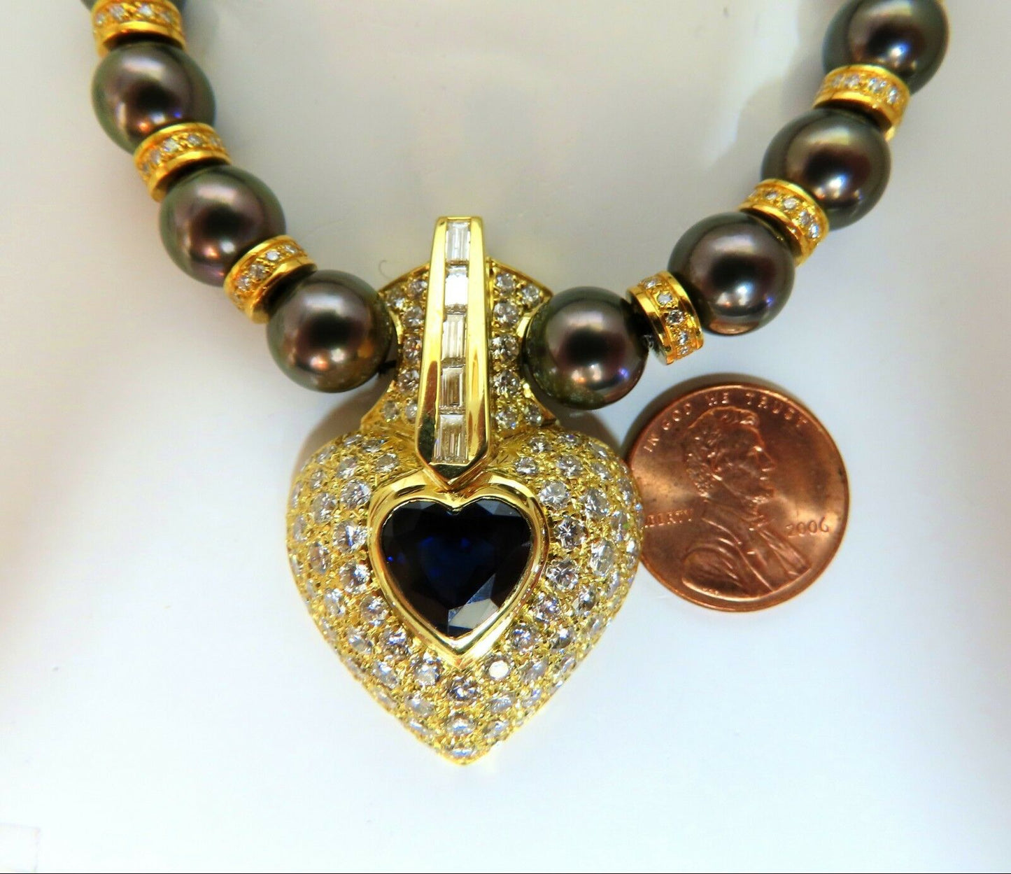 10.75ct Natural Heart Blue Sapphire Diamonds Tahitian Pearls Necklace 18 karat