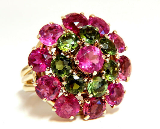 10.50ct Natural Pink Green Tourmaline Ring Ballerina Gypsy Cluster Cocktail 14Kt