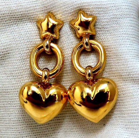 High Shine Domed Heart Star Circles Dangle Earrings 14 Karat Gold