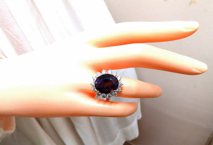 10ct Natural Vivid Purple Amethyst Diamonds Halo Cluster Cocktail Ring 14 Karat
