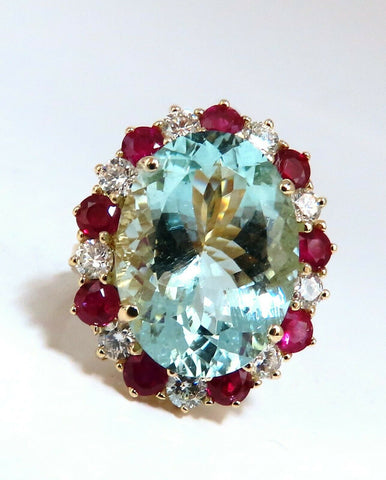 15.34ct Natural Aquamarine Ruby Diamonds Patriot Cluster Cocktail Ring 14 Karat
