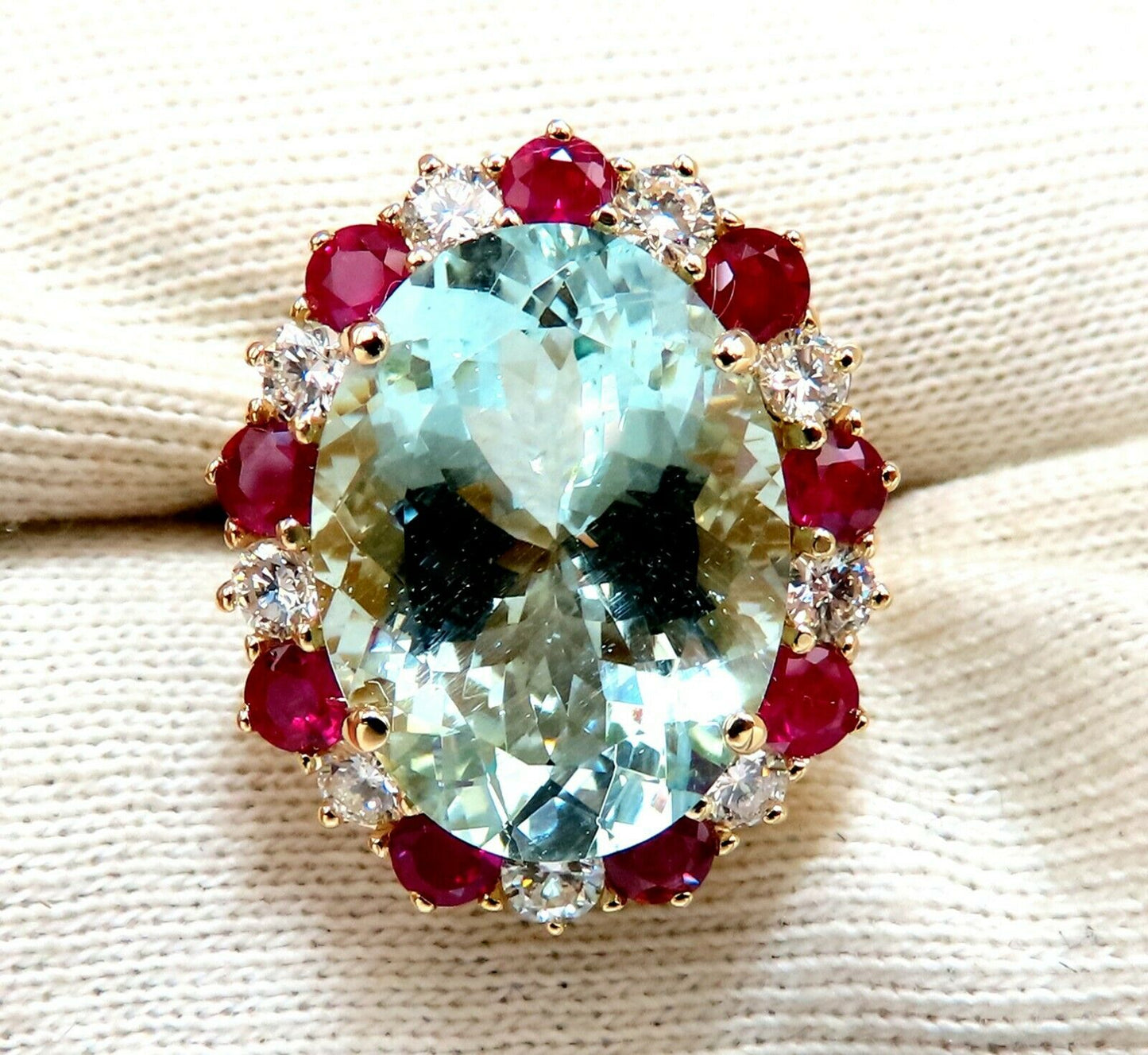 15.34ct Natural Aquamarine Ruby Diamonds Patriot Cluster Cocktail Ring 14 Karat