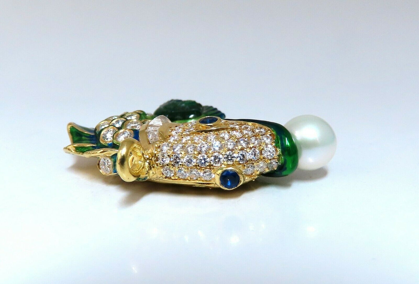 Natural Akoya Pearl Sapphire Emerald & Diamonds Enamel Fish Pendant 18kt