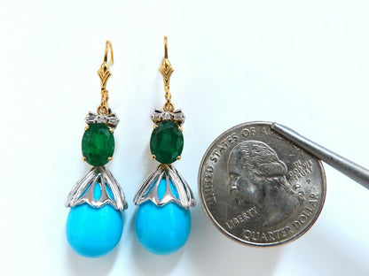 3.20ct Natural Emeralds Turquoise Diamonds Dangle Earrings 14 Karat