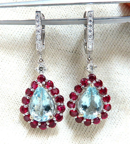 5.12ct Natural Aquamarines Ruby Diamond Dangle Earrings 14 Karat