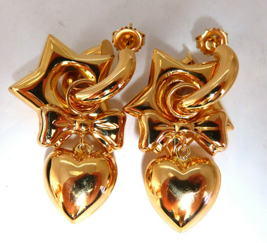High Shine Domed Heart Star Bow Circles Dangle Earrings 14 Karat Gold